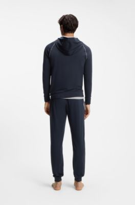 Zip-up hoodie in stretch cotton with contrast piping, Dark Blue