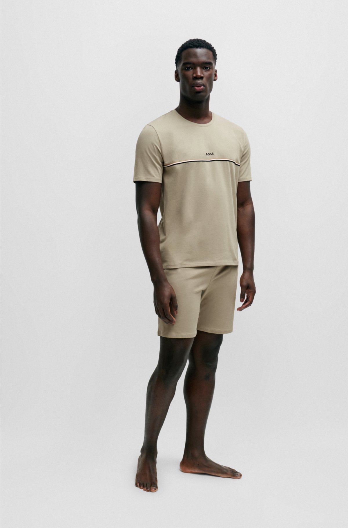 Stretch-cotton pyjama shorts with logo print, Beige