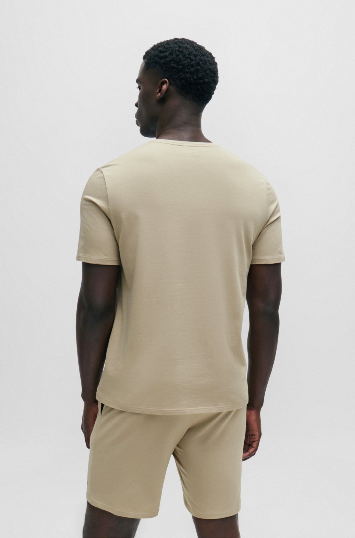 Stretch-cotton pyjama T-shirt with logo print, Beige