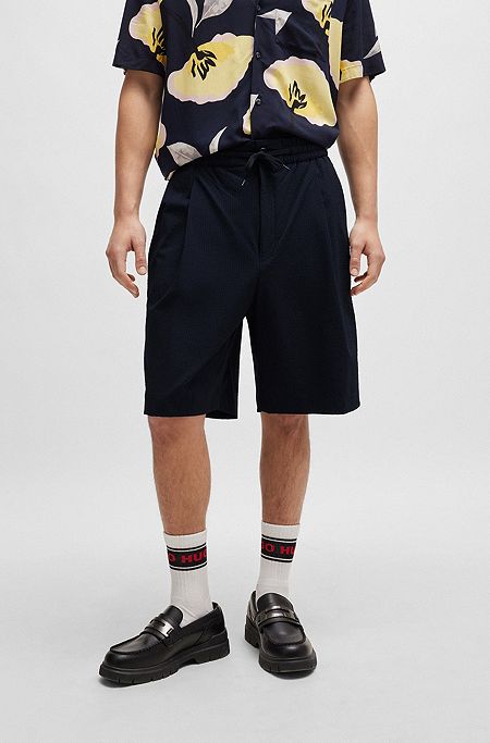 Performance-stretch seersucker shorts with drawstring waist, Dark Blue