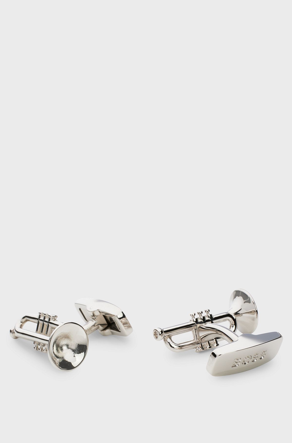 Italian-made cufflinks with trumpet head and branded fastening, Silver