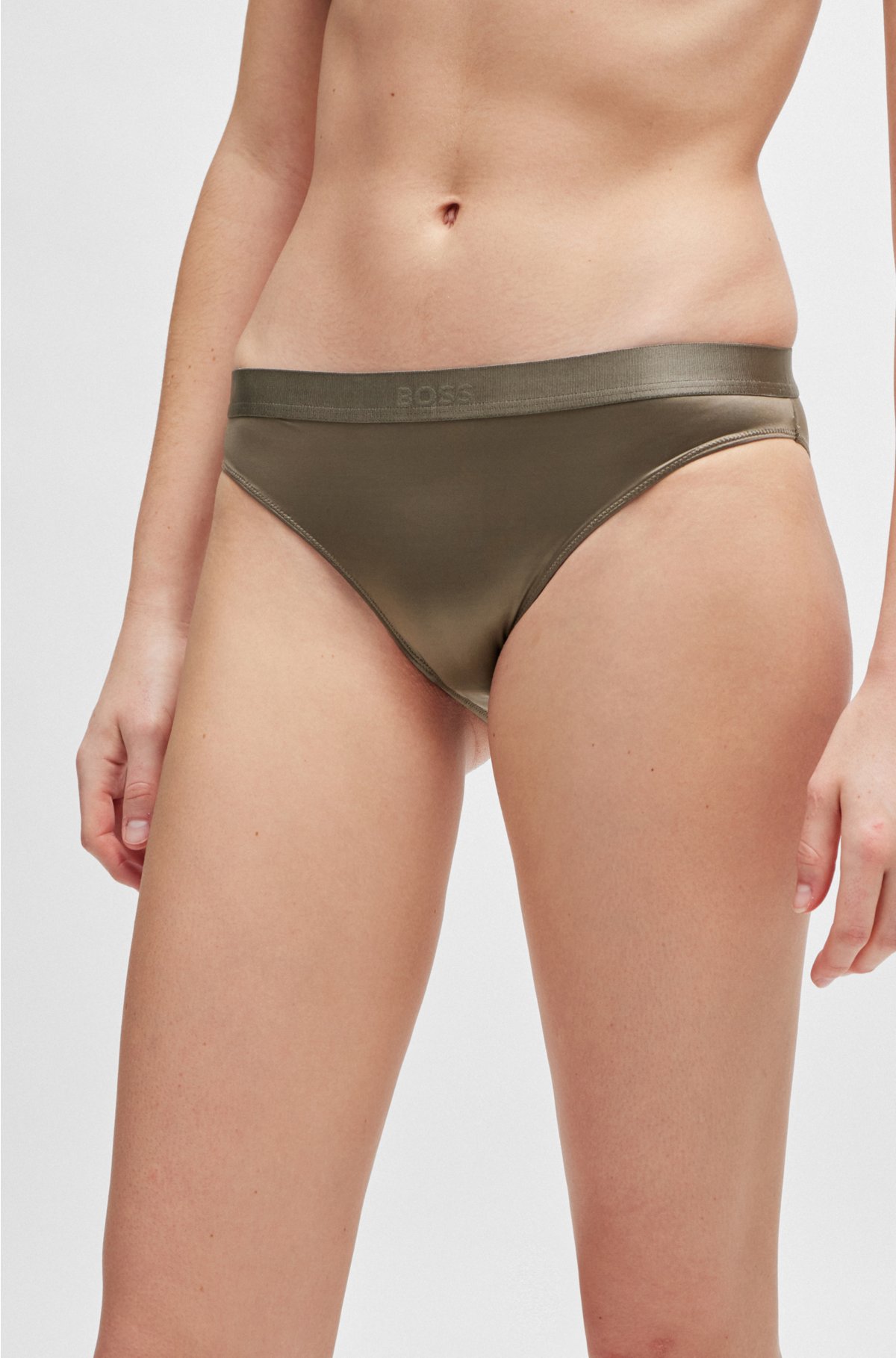 Branded-waistband briefs in microfibre and satin, Dark Green
