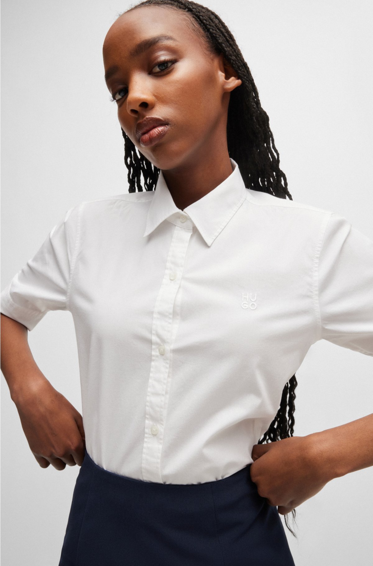 Regular-fit blouse in stretch cotton with stacked logo, White