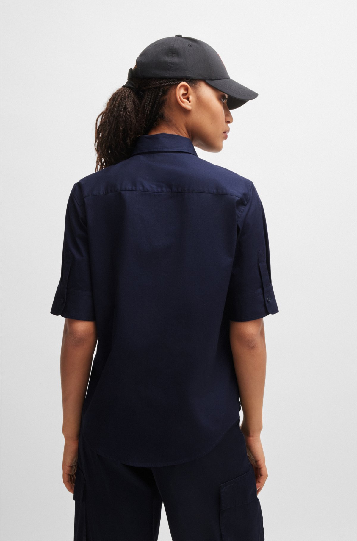 Regular-fit blouse in stretch cotton with stacked logo, Dark Blue
