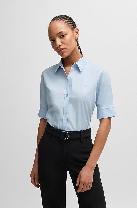 Regular-fit blouse in stretch cotton with stacked logo, Light Blue
