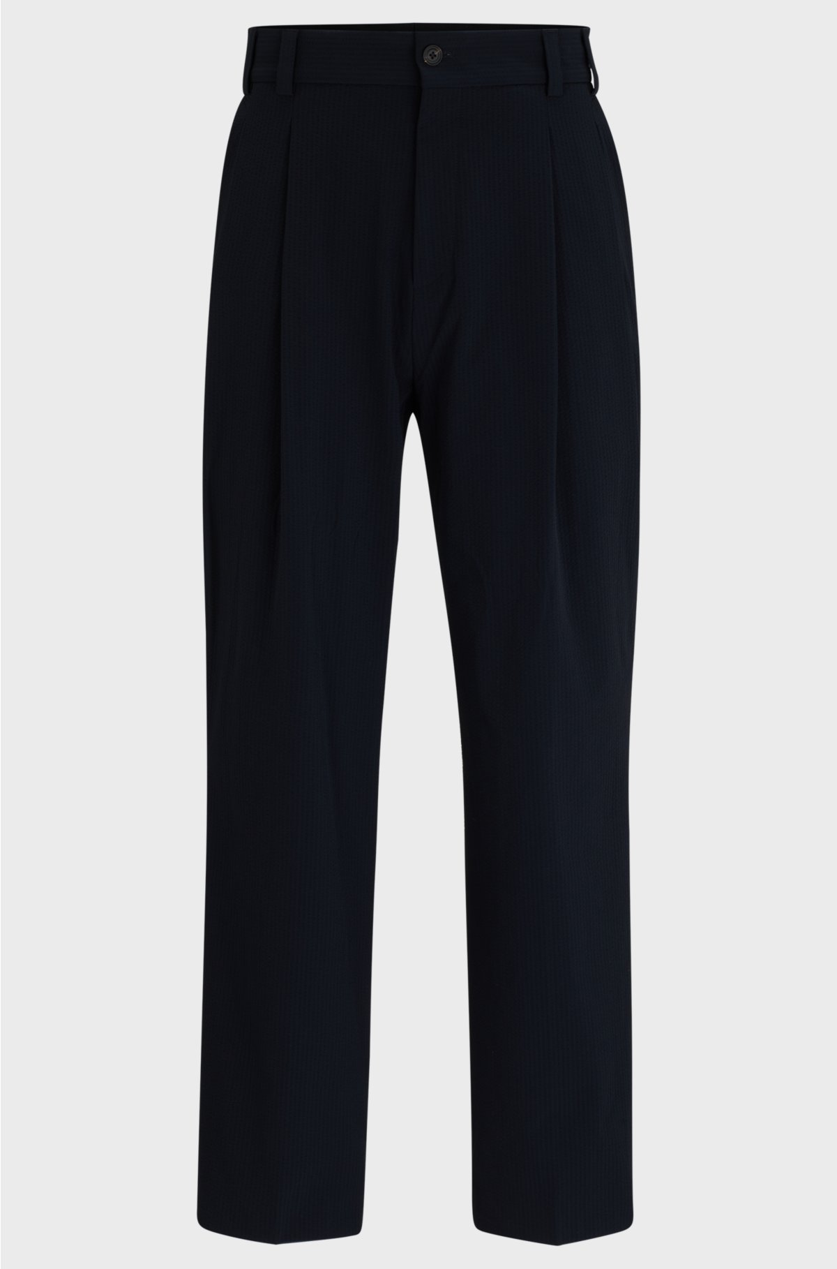 Modern-fit trousers in stretch seersucker blend, Dark Blue