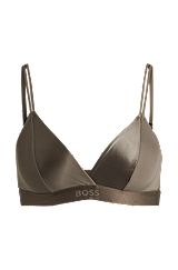 Mixed-material triangle bra with branded band, Dark Brown
