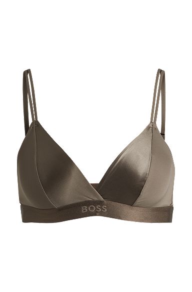 Mixed-material triangle bra with branded band, Dark Brown