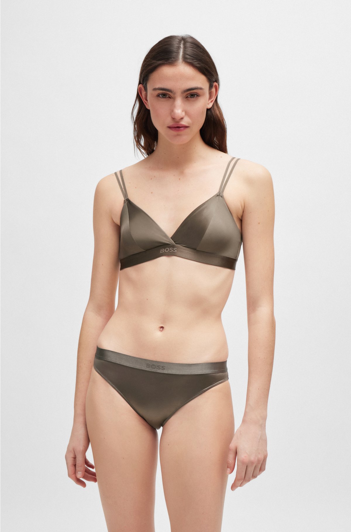 Mixed-material triangle bra with branded band, Dark Green