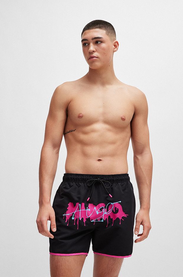 Contrast-binding quick-dry swim shorts with seasonal logo, Black