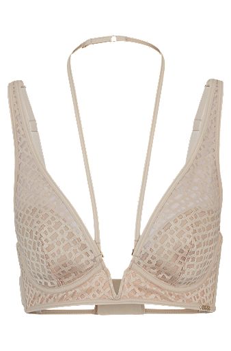 Monogram-lace triangle bra with double straps, Light Beige