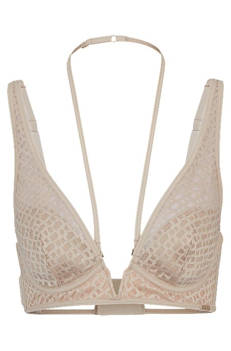 Monogram-lace triangle bra with double straps, Light Beige