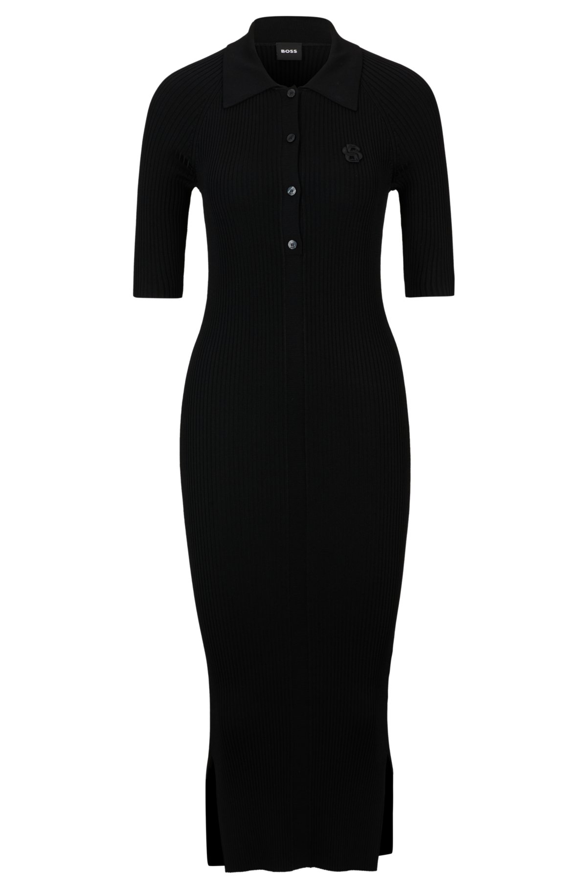 Button-placket dress with double monogram, Black