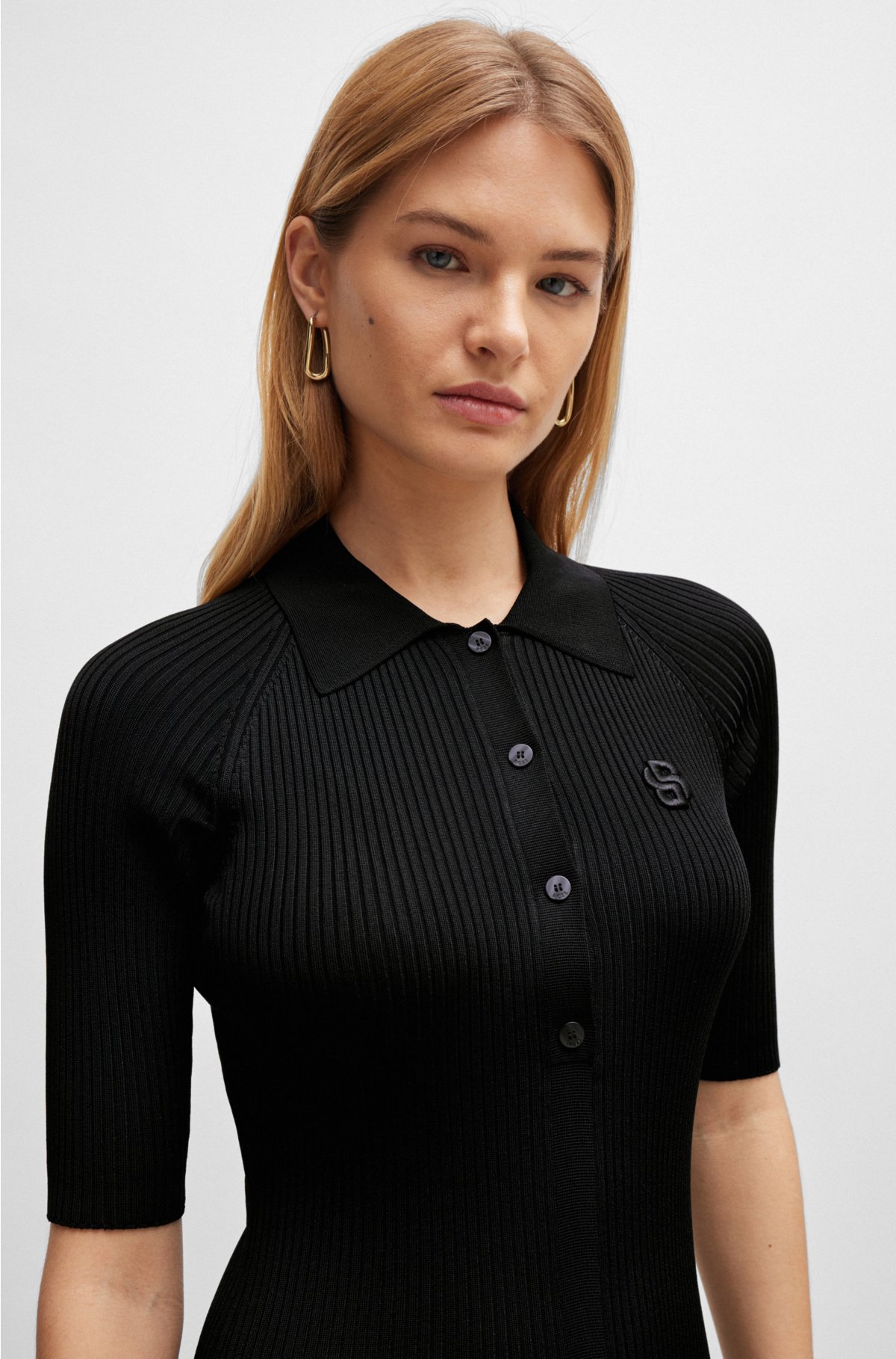 Button-placket dress with double monogram, Black