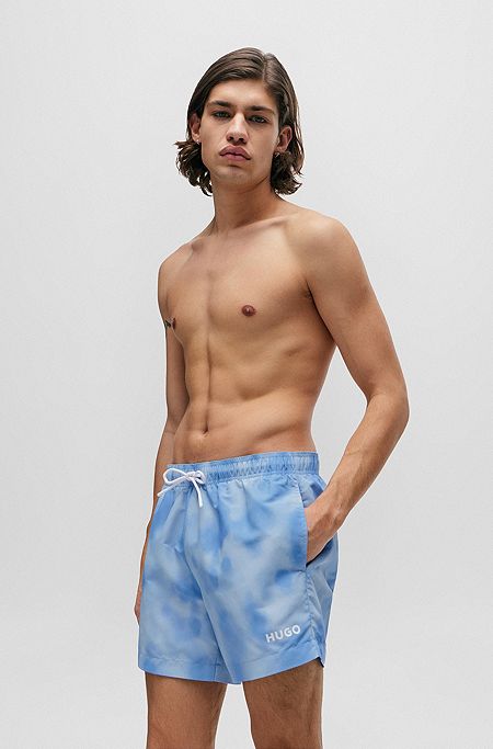 Logo swim shorts in printed quick-drying fabric, Light Blue