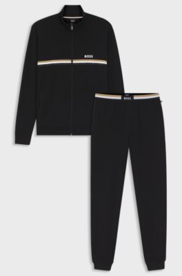 Stretch-cotton tracksuit set with logo and signature stripe, Black