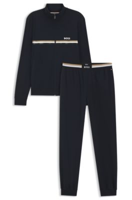 Stretch-cotton tracksuit set with logo and signature stripe, Dark Blue
