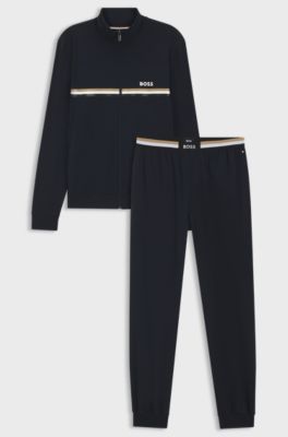 Stretch-cotton tracksuit set with logo and signature stripe, Dark Blue