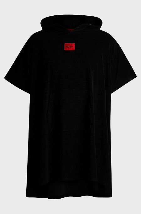 Hooded terry poncho with red logo label, Black