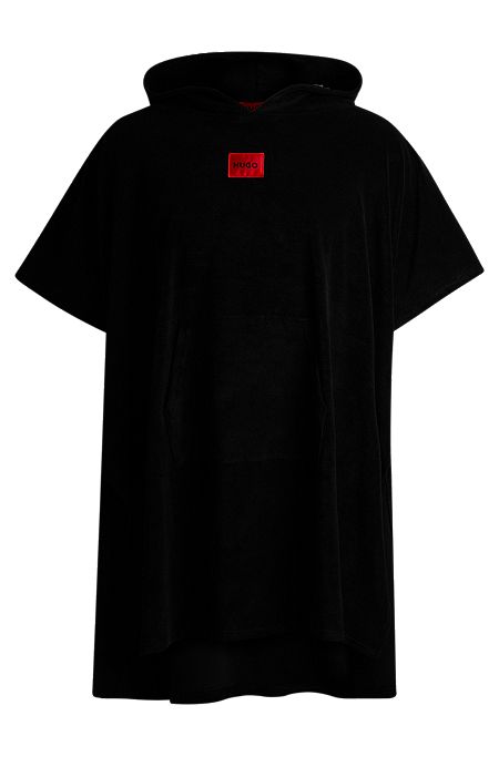 Hooded terry poncho with red logo label, Black