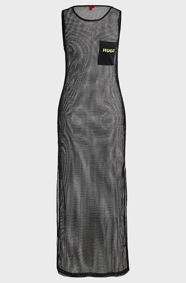 Sleeveless dress in net mesh with logo embroidery, Black