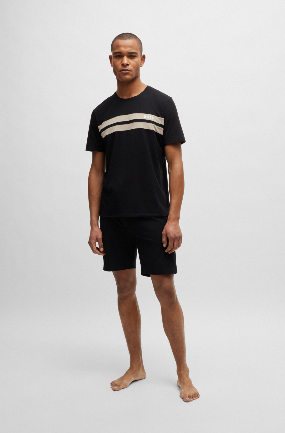 Cotton-blend pyjama T-shirt with stripes and logo, Black