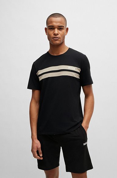 Cotton-blend pyjama T-shirt with stripes and logo, Black