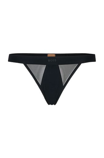 Mixed-material thong with logo waistband, Black