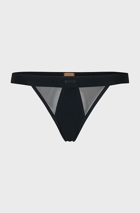 Mixed-material thong with logo waistband, Black