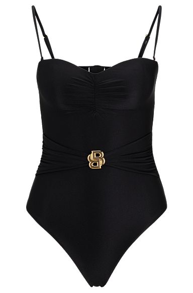 Bandeau-style swimsuit with double-monogram belt detail, Black