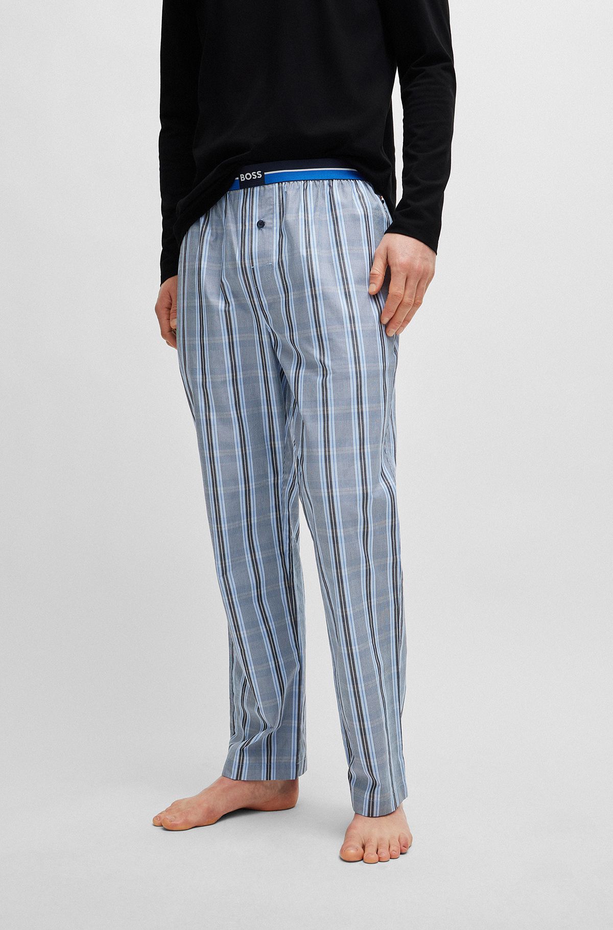 Checked-cotton pyjama bottoms with logo waistband, Light Blue