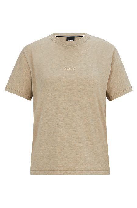 T-shirt de ajuste regular em jersey elástico com logótipo bordado, Castanho-claro