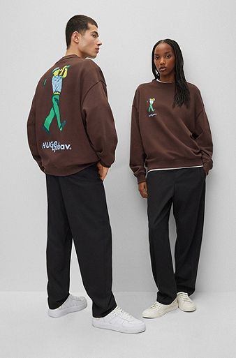 HUGO x LJUBAV cotton-terry sweatshirt with dual branding, Dark Brown