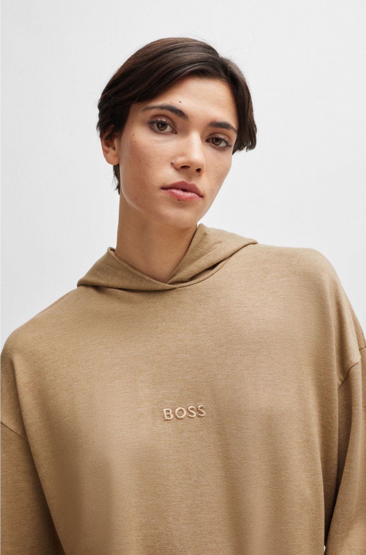 French-terry hoodie with embroidered logo, Light Brown