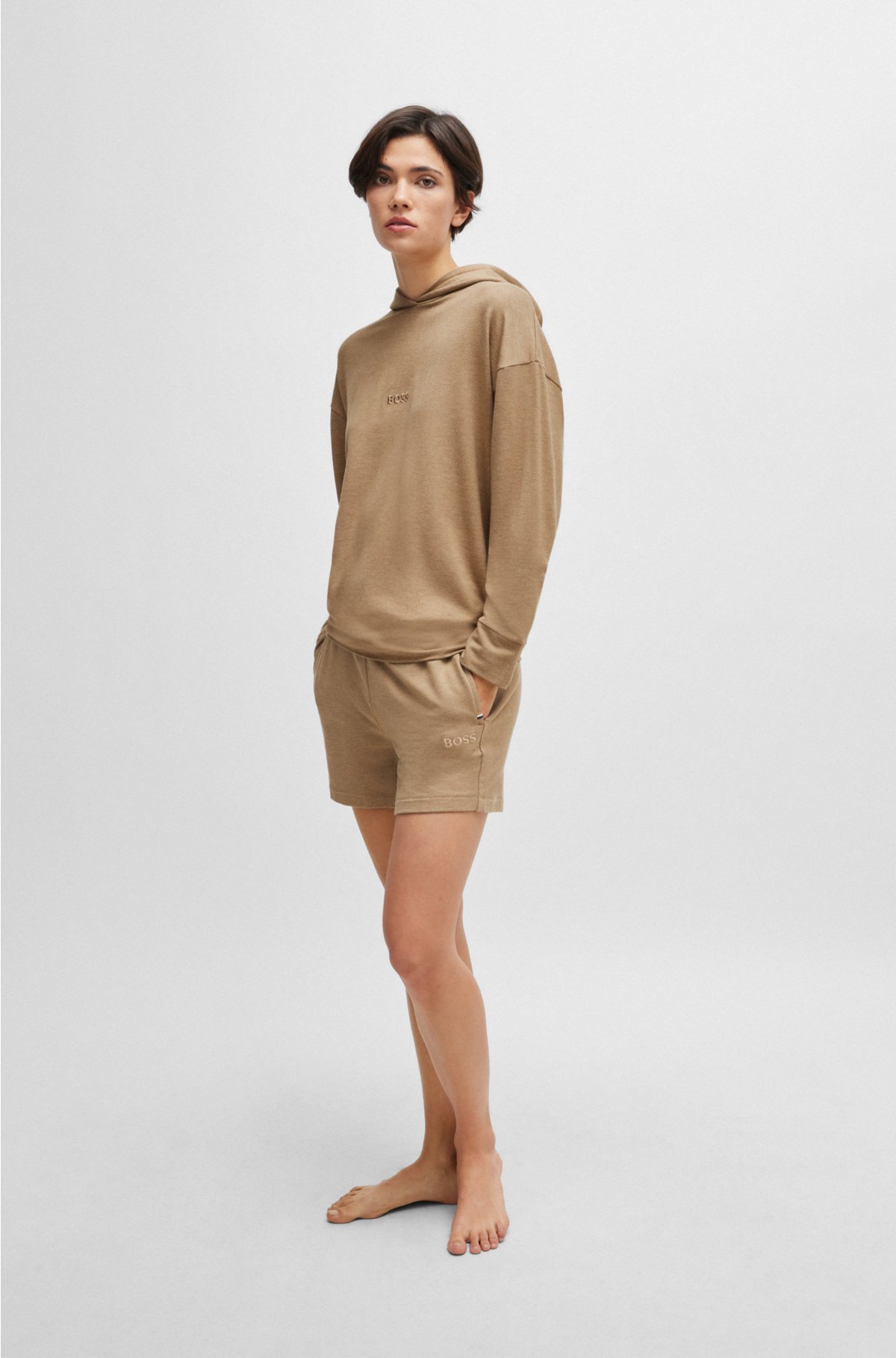French-terry hoodie with embroidered logo, Light Brown