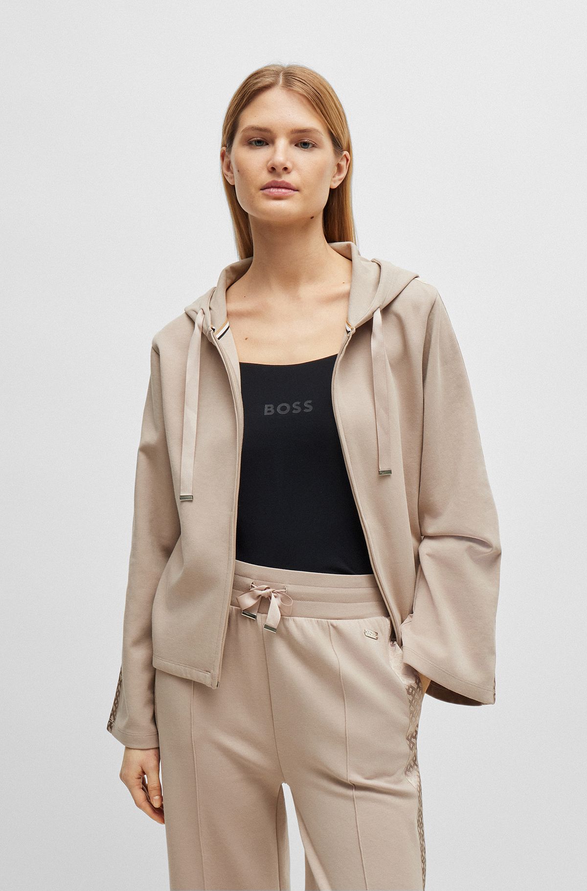 Cotton-blend zip-up hoodie with monogram tape, Light Beige