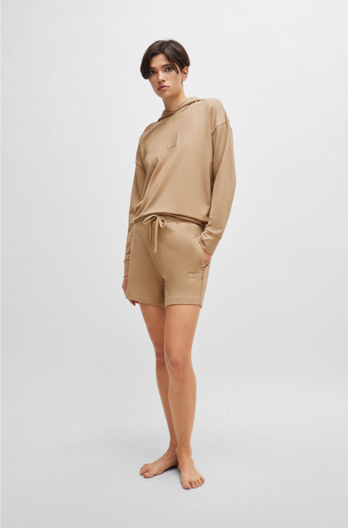 Stretch-terry shorts with embroidered logo, Beige