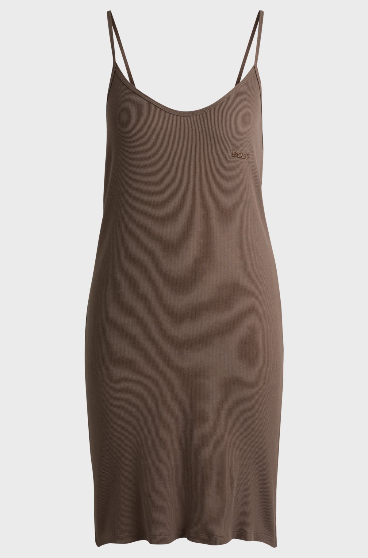 Ribbed-cotton night dress with embroidered logo, Brown