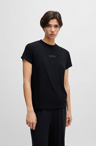 Stretch-modal jersey pyjama T-shirt with tonal logo, Black