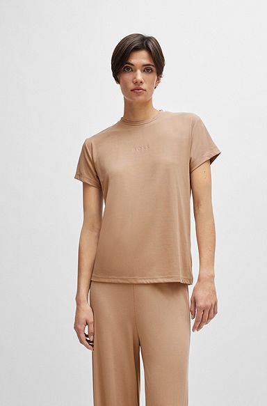 Pyjama-Shirt aus Stretch-Modal mit Jersey-Struktur und tonalem Logo, Beige
