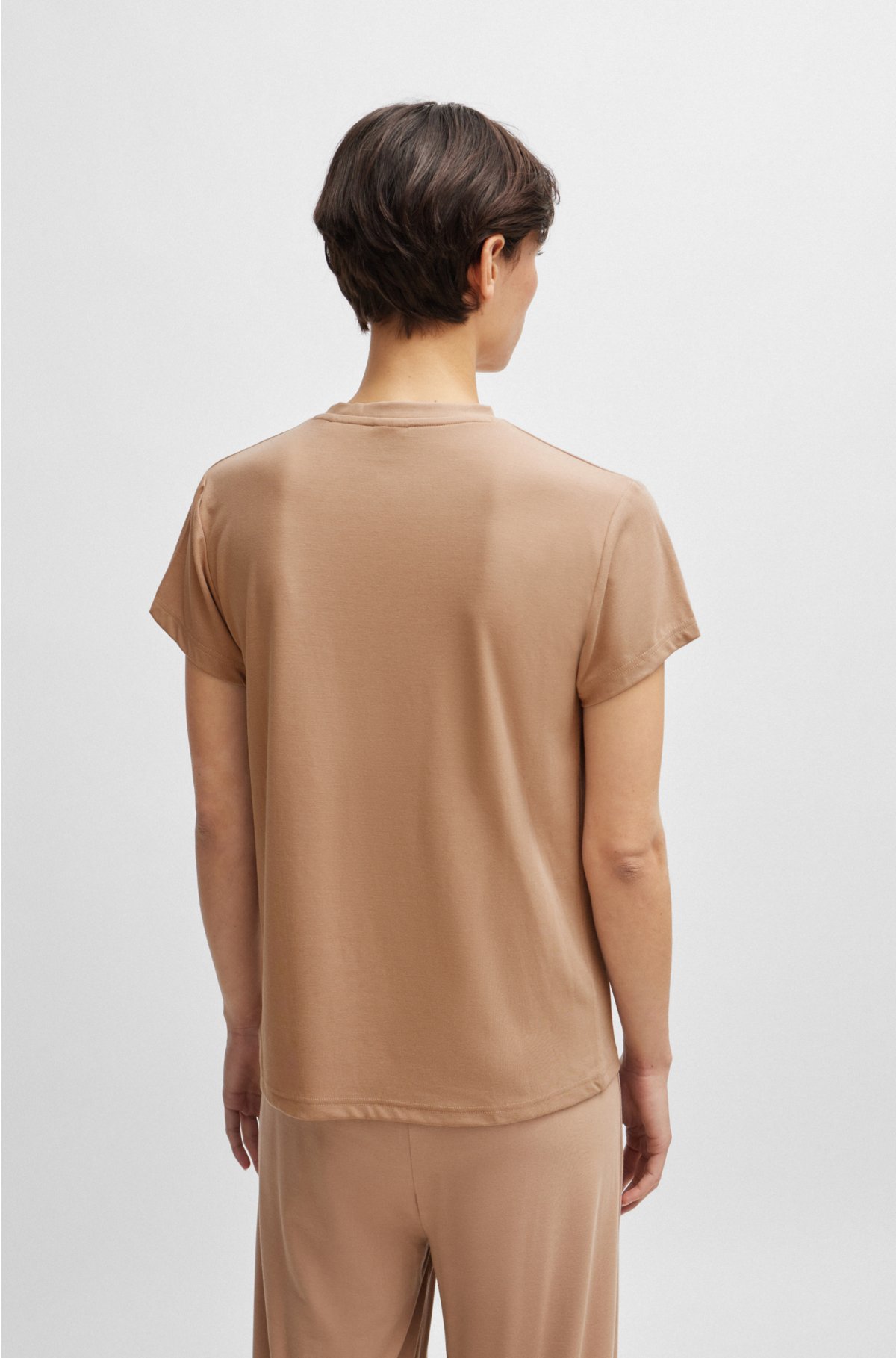 Stretch-modal jersey pyjama T-shirt with tonal logo, Beige