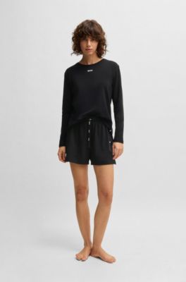 Stretch-cotton pyjama shorts with branded cords, Black