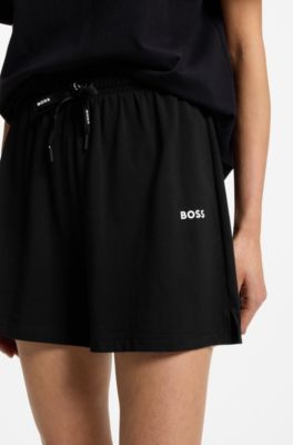 Stretch-cotton pyjama shorts with branded cords, Black