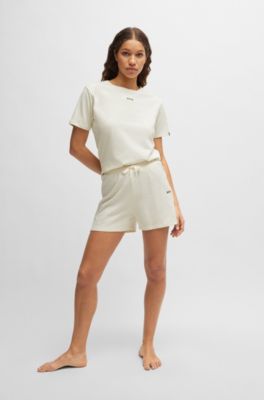 Shorts de pijama de algod&oacute;n el&aacute;stico con cordones de la marca, Natural