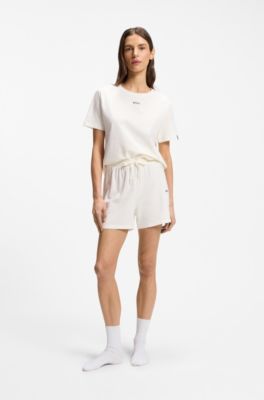 Pyjamashort van stretchkatoen met logokoorden, Naturel