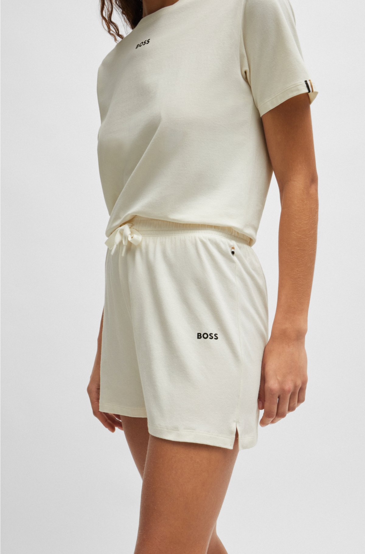Drawstring pyjama shorts in stretch cotton with logo print, White