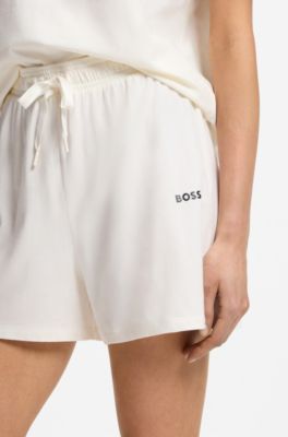 Pyjamashort van stretchkatoen met logokoorden, Naturel
