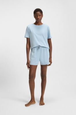 Shorts de pijama de algod&oacute;n el&aacute;stico con cordones de la marca, Celeste