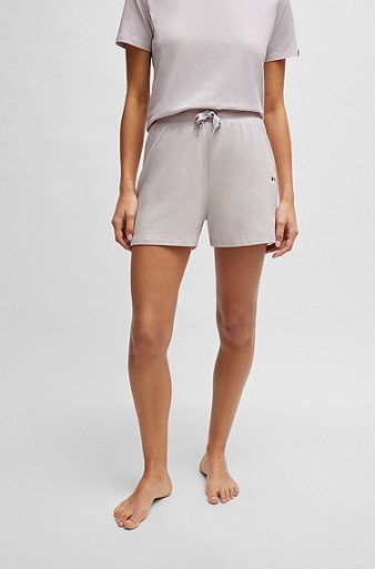 Drawstring pyjama shorts in stretch cotton with logo print, Light Purple