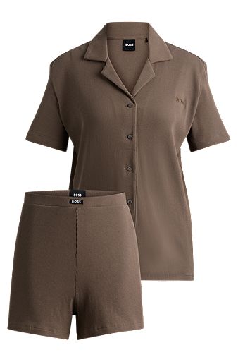 Ribbed-cotton pyjamas with logo details and side slits, Dark Brown